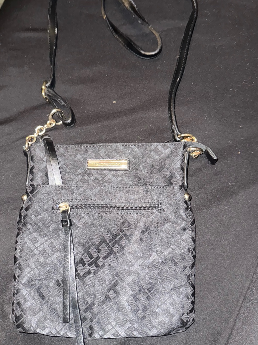 Tommy Hilfiger Black Woven Crossbody Bag with Gold Accents